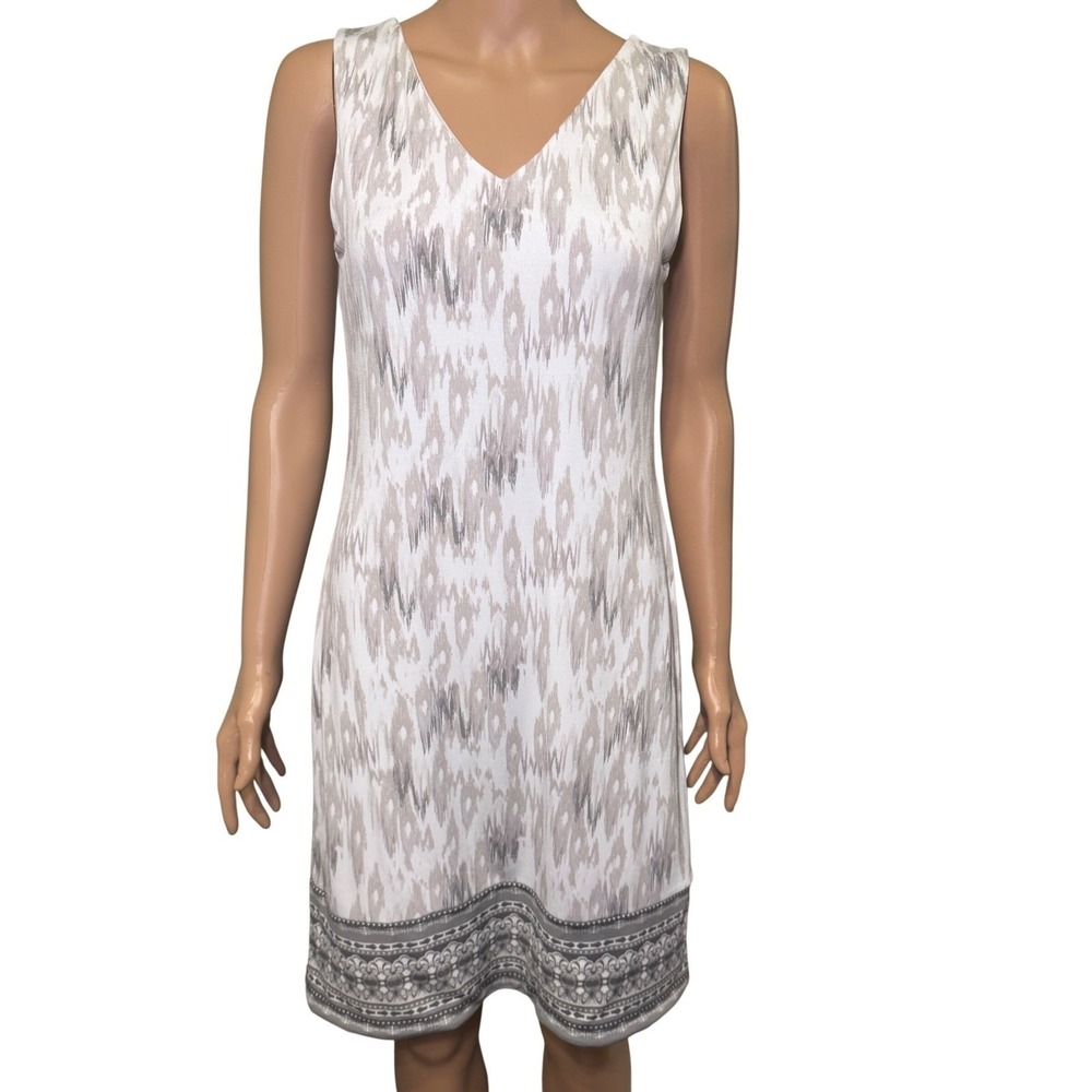 Magnolia Grace Grey White Ikat Print Sleeveless V-Neck Shift Dress Small